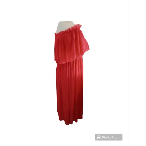 NWT Express Off The Shoulder Ruffle Dress Midi Micro Pleat Chiffon Coral Size XS - Picture 2 of 9